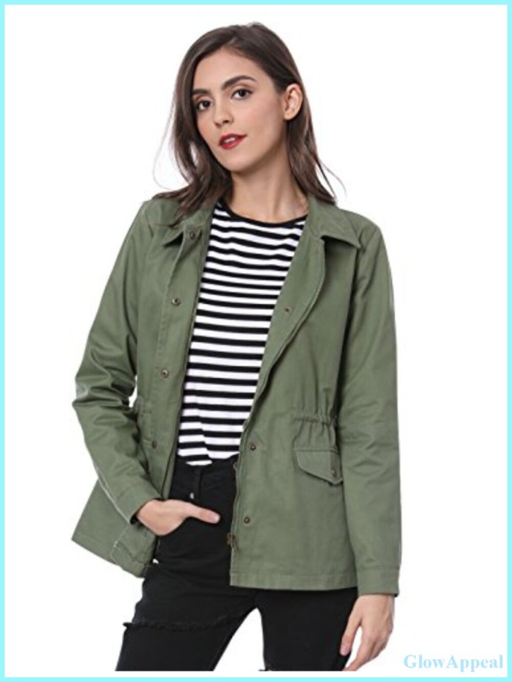 Womens Utility Jacket Zip Up Drawstring Waist Cotton Anorak Coat
